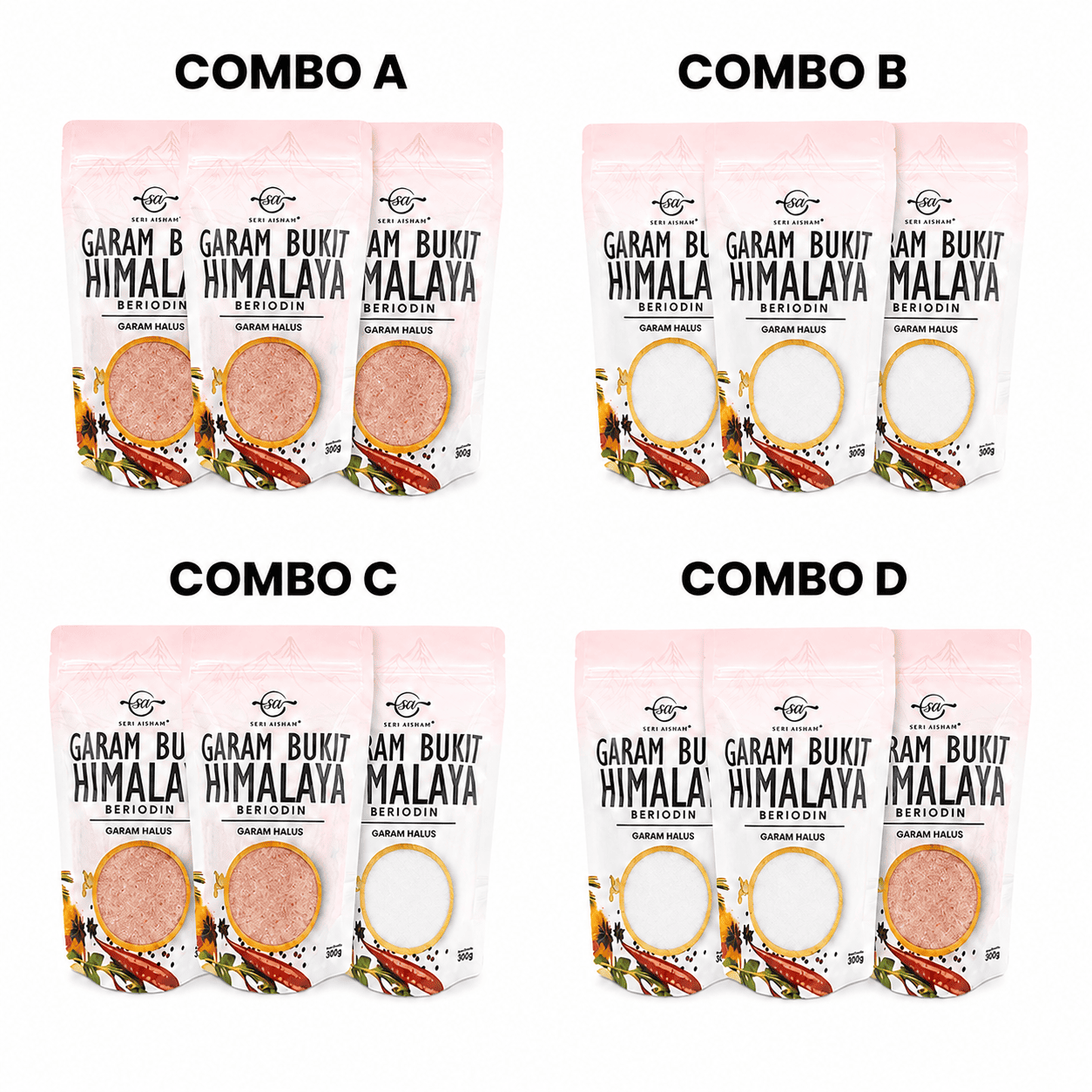 COMBO : Garam Seri Aishah Halus Beriodin Ziplock 300G (3 Unit)